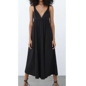 ZARA Voluminous Poplin Black Midi Dress with Pockets SMALL